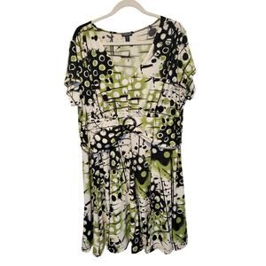 Forever Woman 2X Petite Abstract‎ Green Black White Flowy Midi Dress Artsy Retro